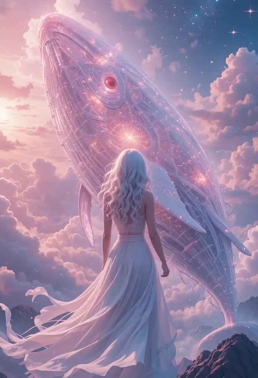 Anime woman with water whale in glowing fantasy sky
