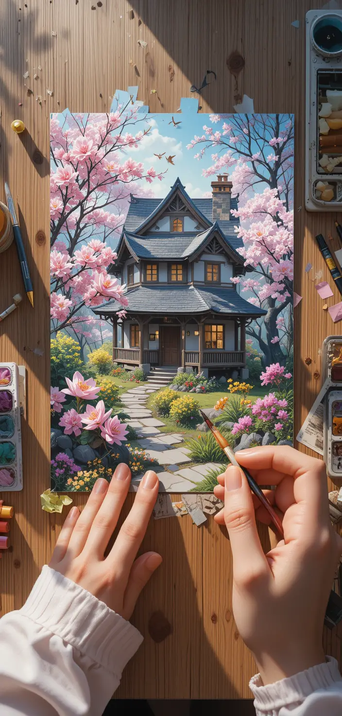 Watercolor spring house postcards on a wooden table