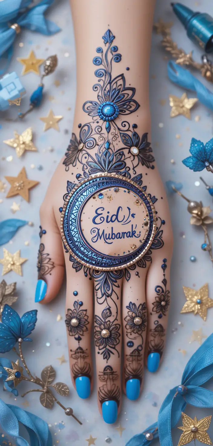 Festive henna hand with floral and butterfly details