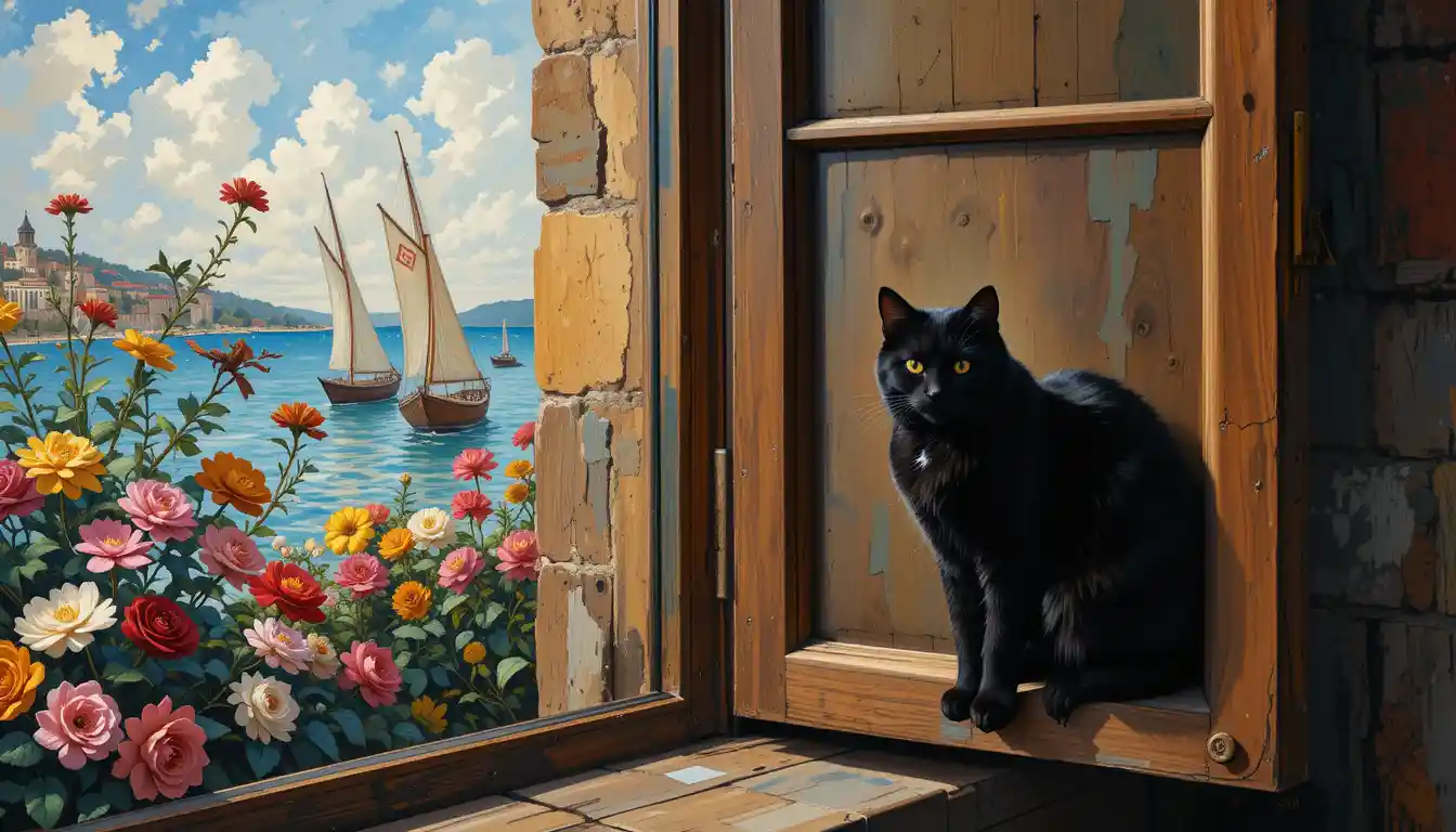 Black cat resting by an open window with flowers