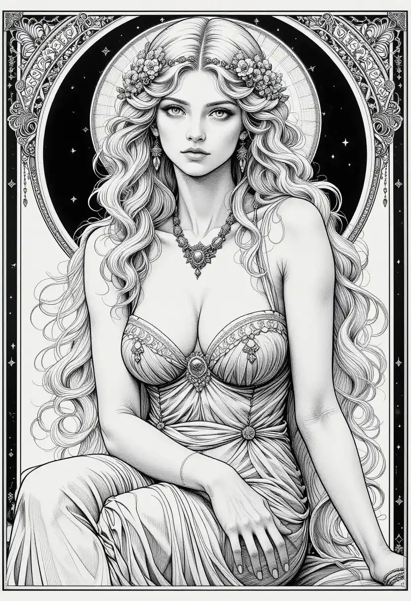 Art nouveau pen and ink portrait of seated venus
