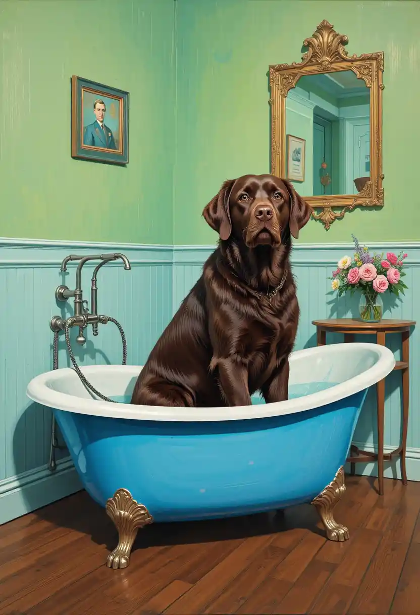 Chocolate labrador sitting in a vintage blue bathtub
