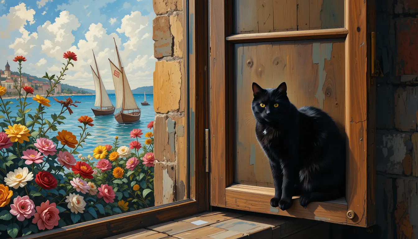 Black cat resting by an open window with flowers