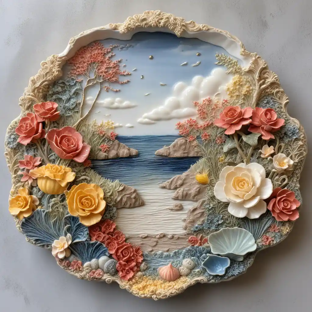 Paisaje Impresionista en Porcelana con Profundidad Floral en Capas