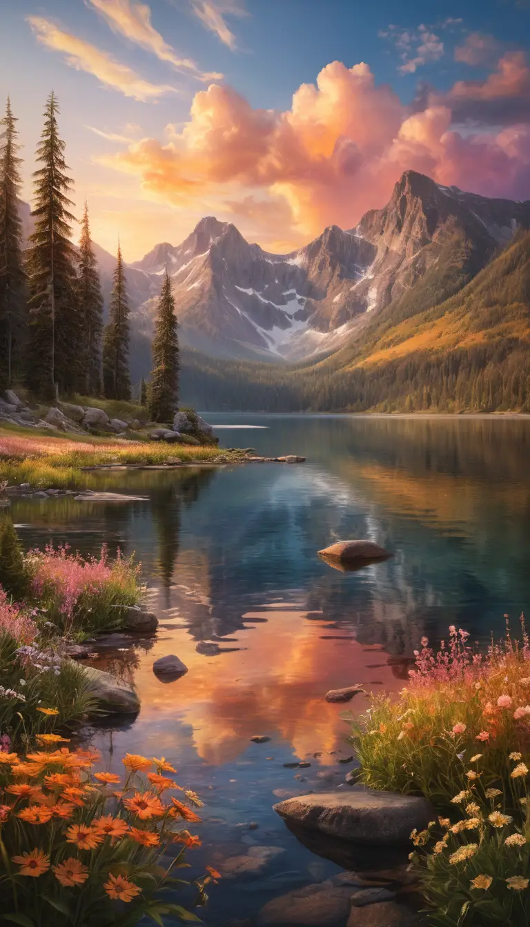 Sunset Over Mountain Lake With Glowing Reflective Water
