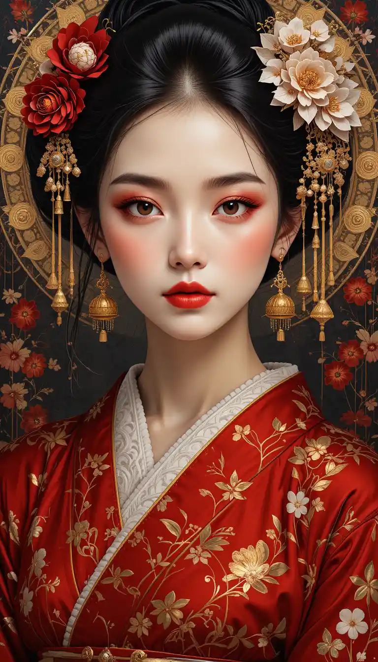 Fantasy geisha portrait in red and gold oil painting