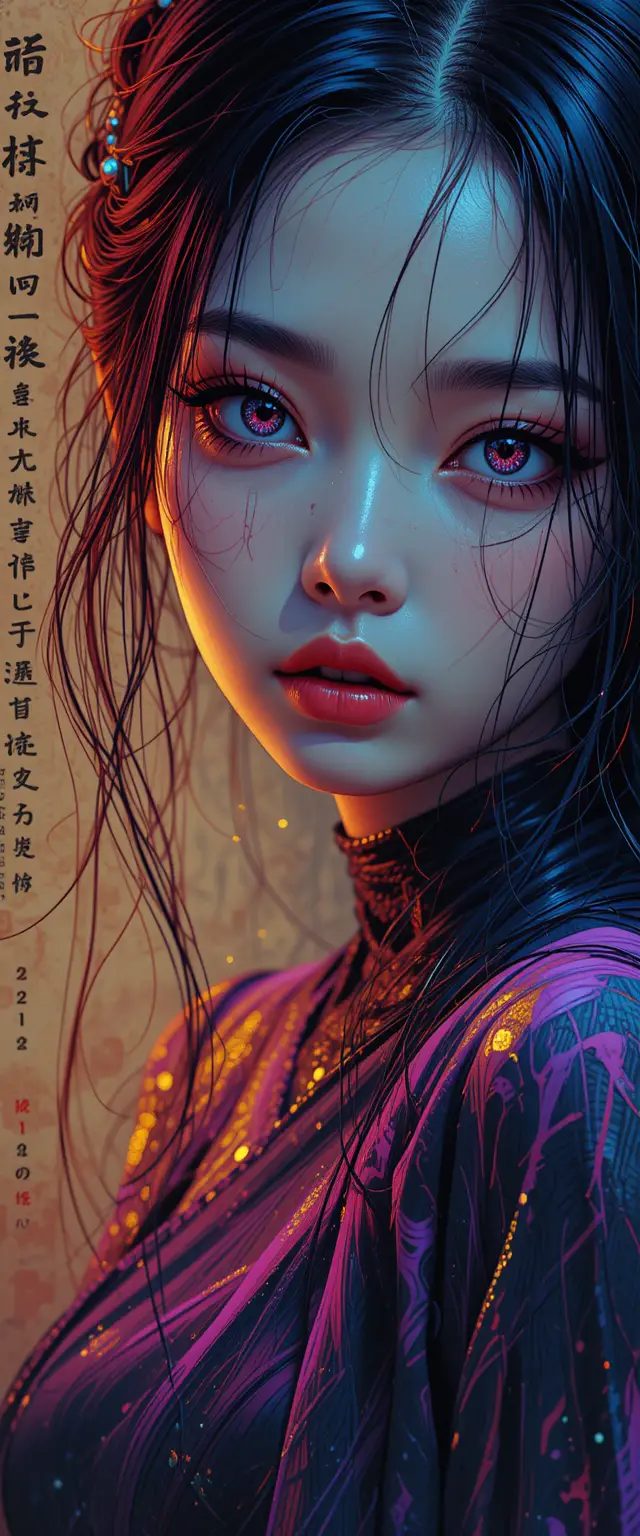 Dynamic anime girl line art with chrome watercolor glow