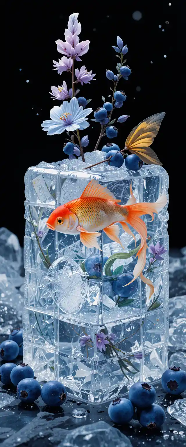 Watercolor still life with ice glass flowers and goldfish
