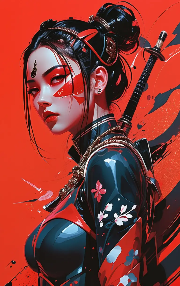 Stylized anime warrior woman with sword on red background