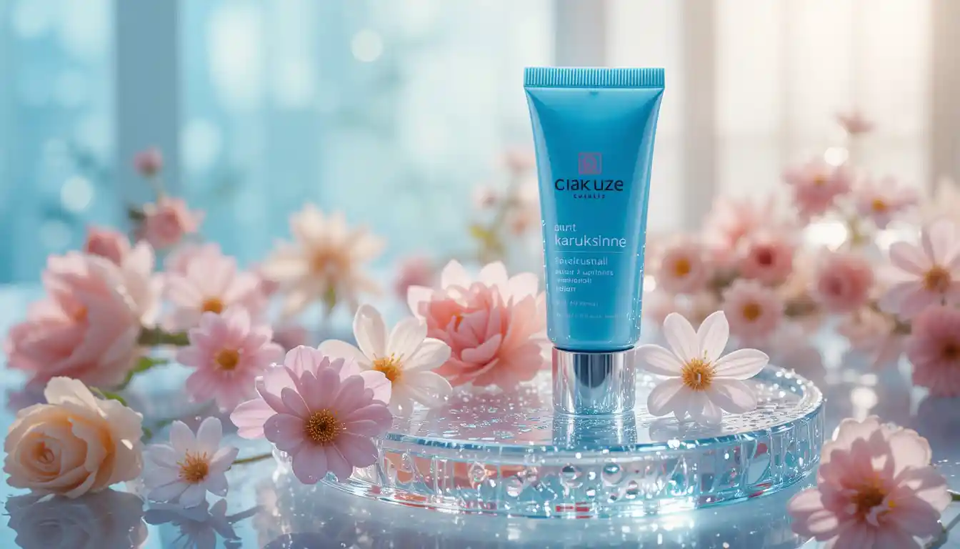 Blaue Hautpflege-Tube mit Blumen auf nasser Glasfläche