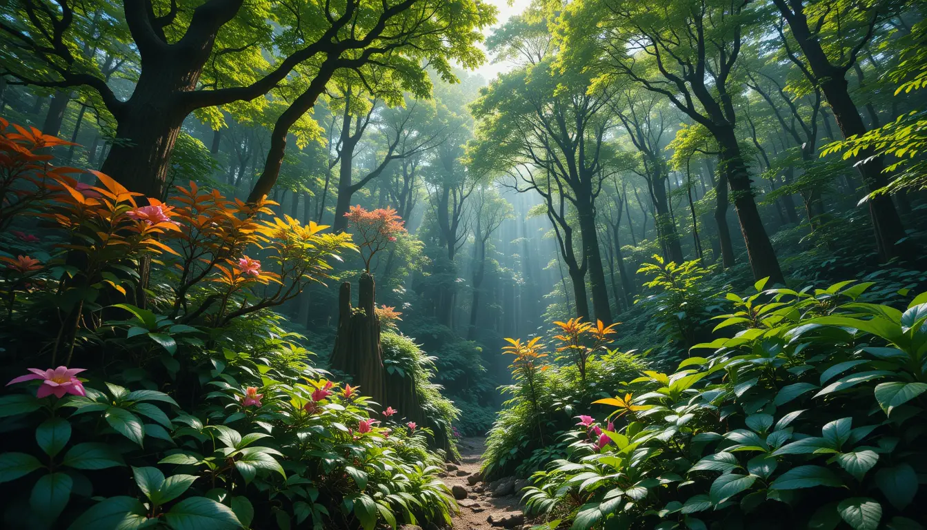 Sunlit Jeju Forest With Lush Evergreen Trees