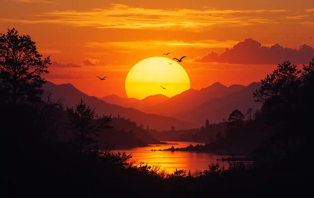 Vivid sunset over mountains with river and trees