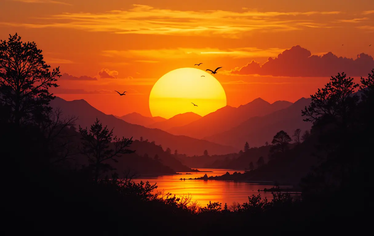 Vivid sunset over mountains with river and trees