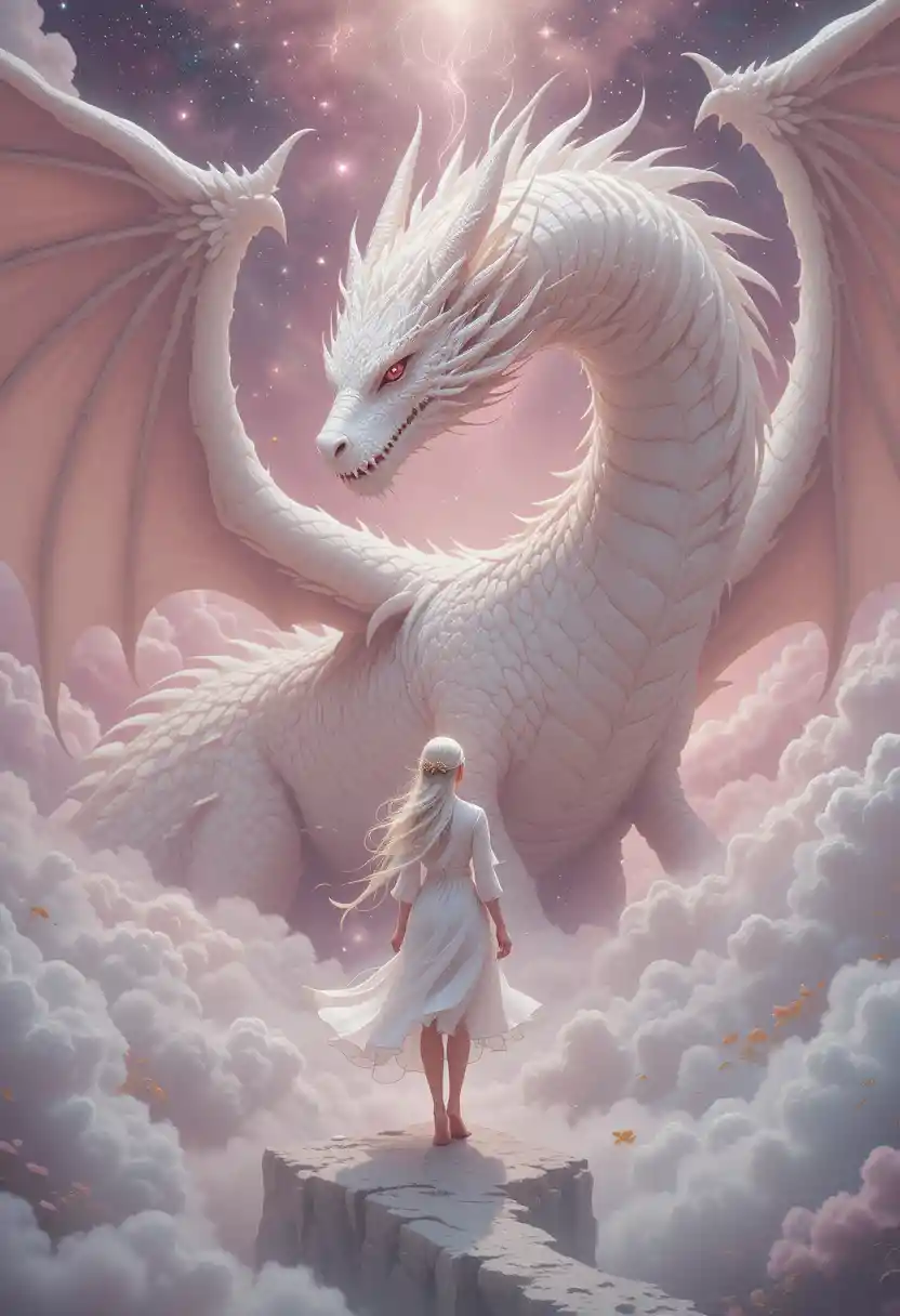 Barefoot white haired girl on clouds facing white dragon