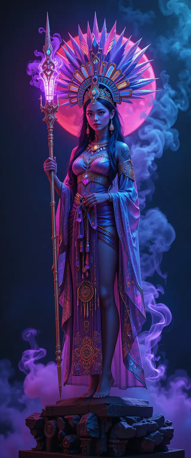 Anime shaman woman in aztec headdress with neon aura