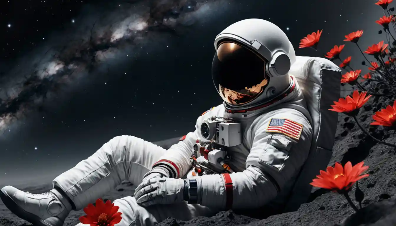Lone astronaut sitting on a small moon holding a flower