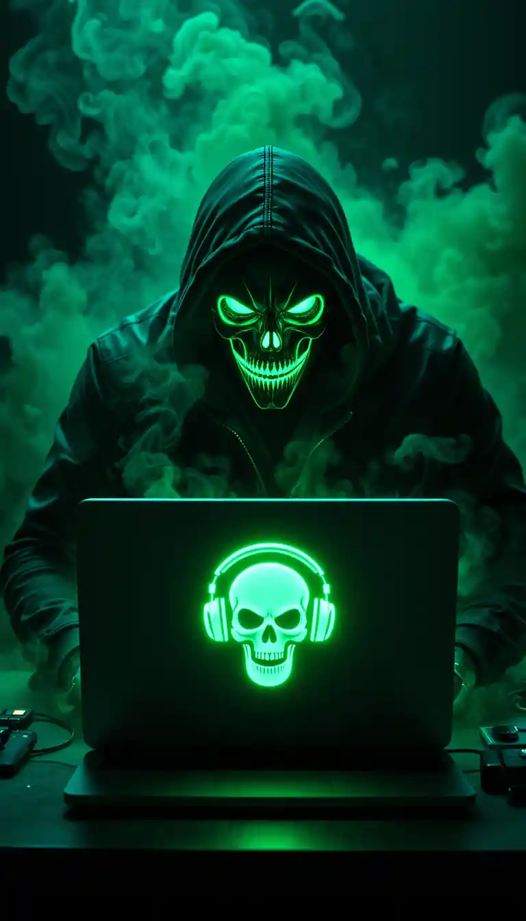 Hacker In Neon Skull Mask Over Glowing Laptop Screen