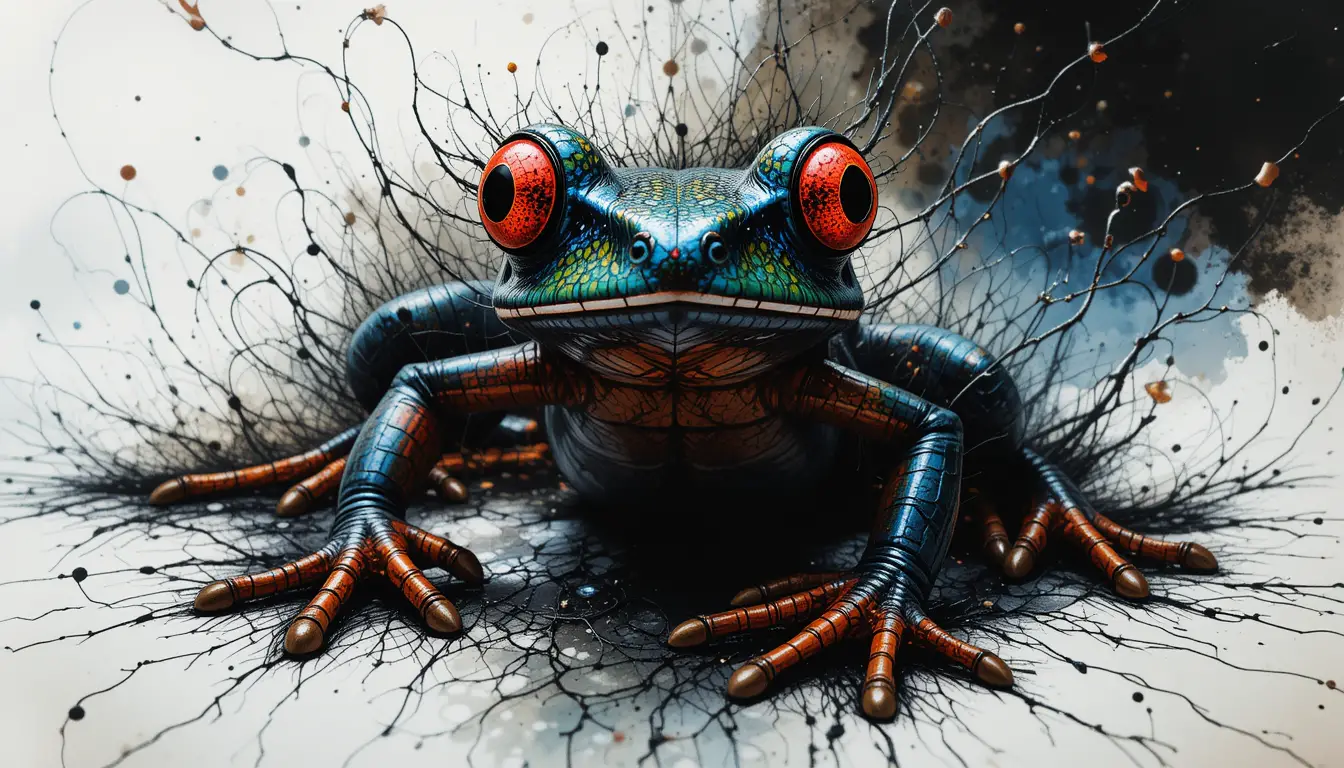 Dart frog in abstract black ink with vivid color