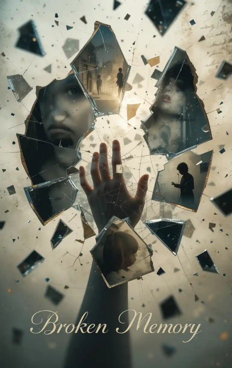 Shattered mirror shards revealing fragmented nostalgic memories