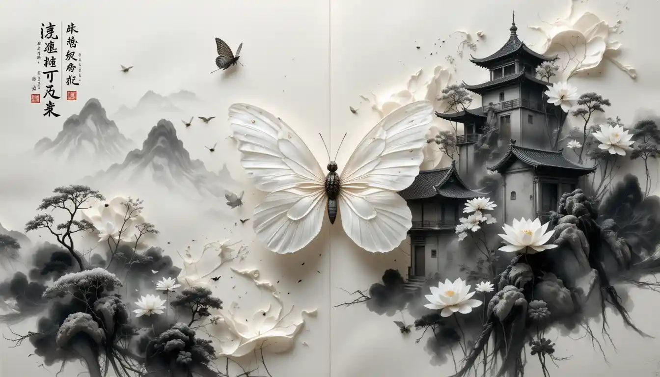 Lotus And Butterfly Over Ancient Ink Manuscript Artwork