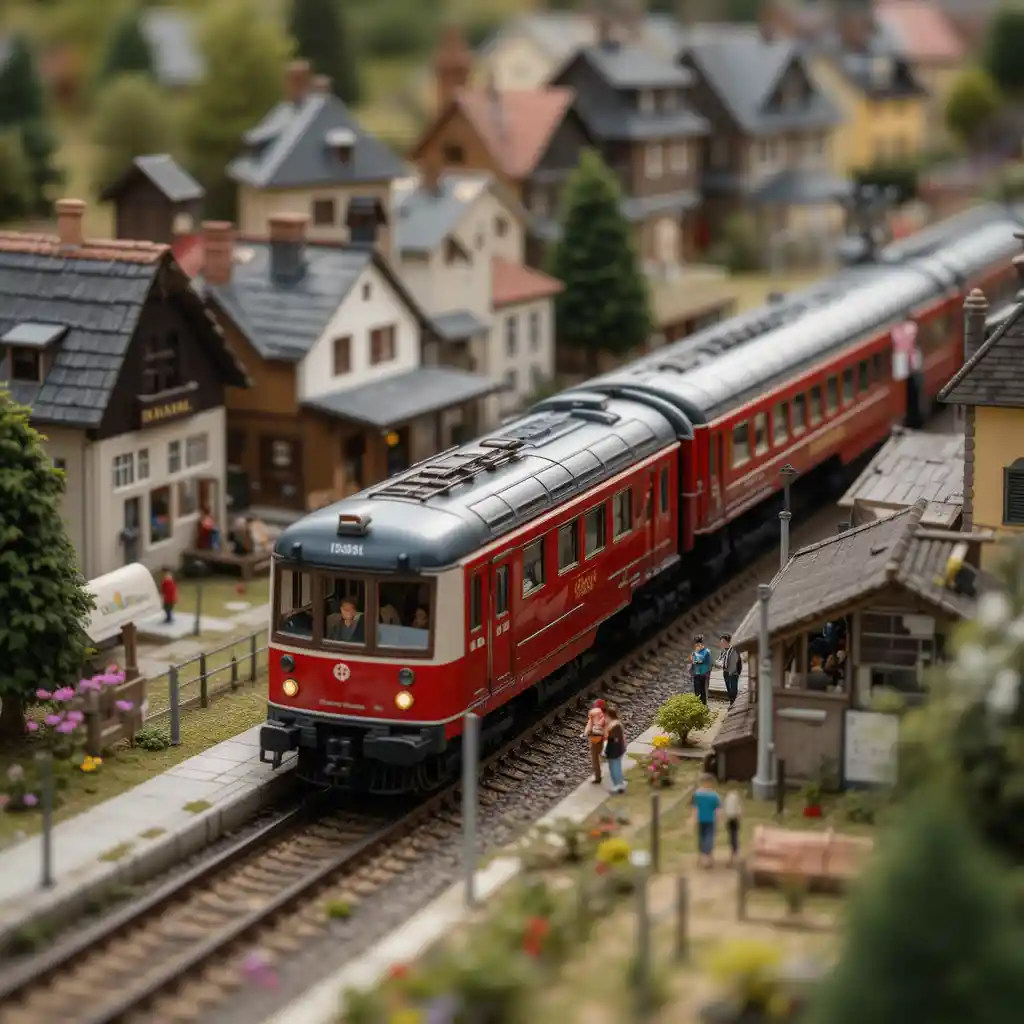 Miniature Swiss Passenger Train At A Busy Model Village Station