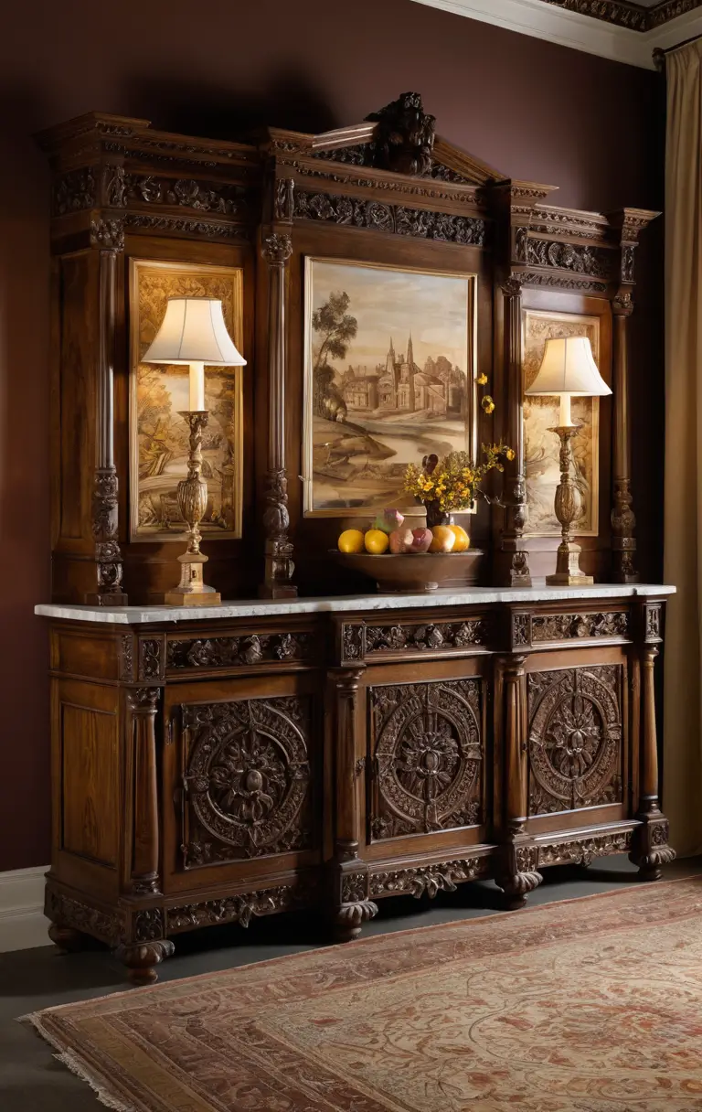 Henry II oak buffet with rich carvings and warm light