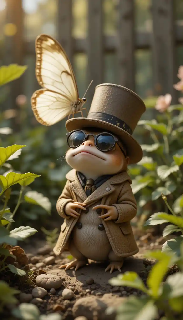 Piccola rana hipster con cappello e farfalla in giardino