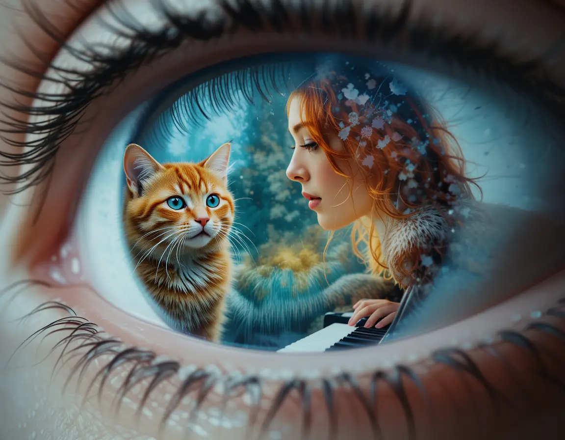 Red haired woman playing piano with cats inside an eye