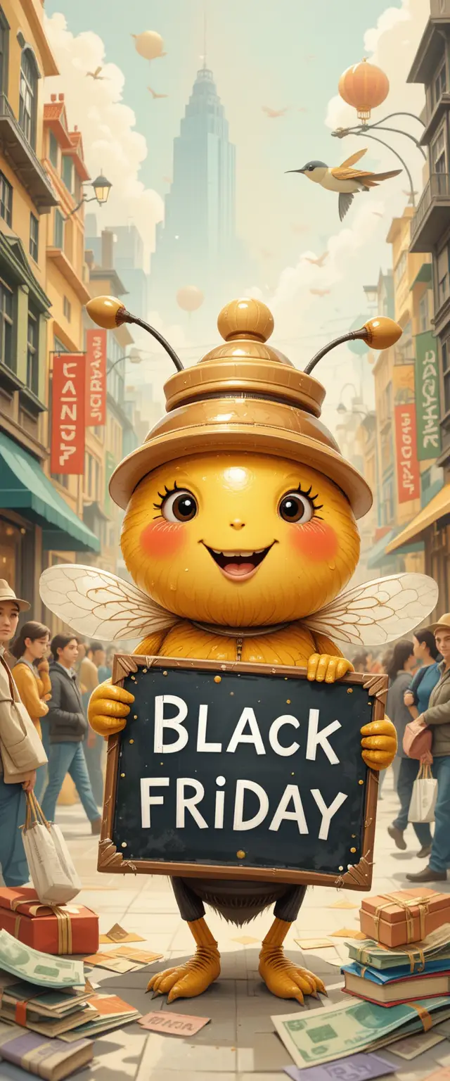Cheerful cartoon honeybee with black friday sign in city