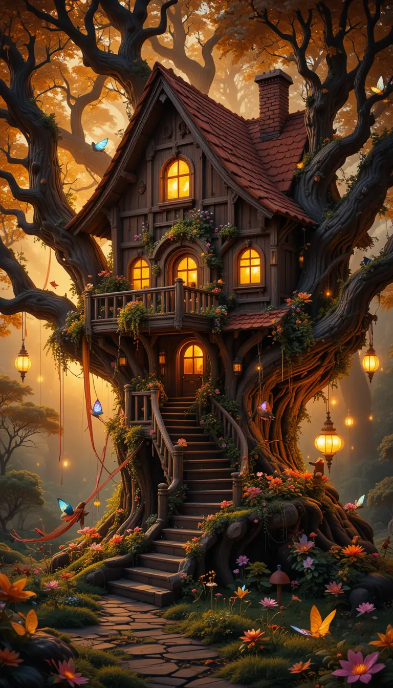 Enchanted glowing treehouse in a golden fantasy forest