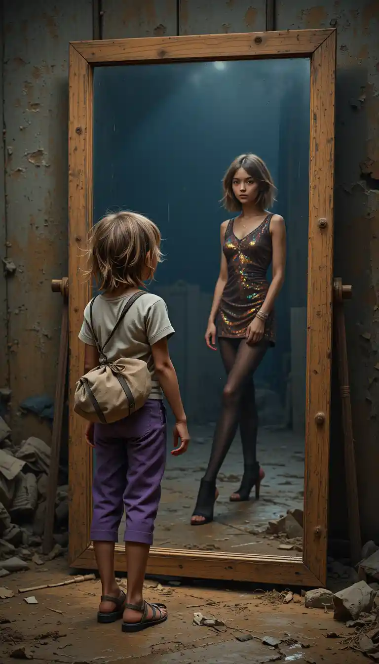 Poor young girl facing a mirror with hopeful reflection