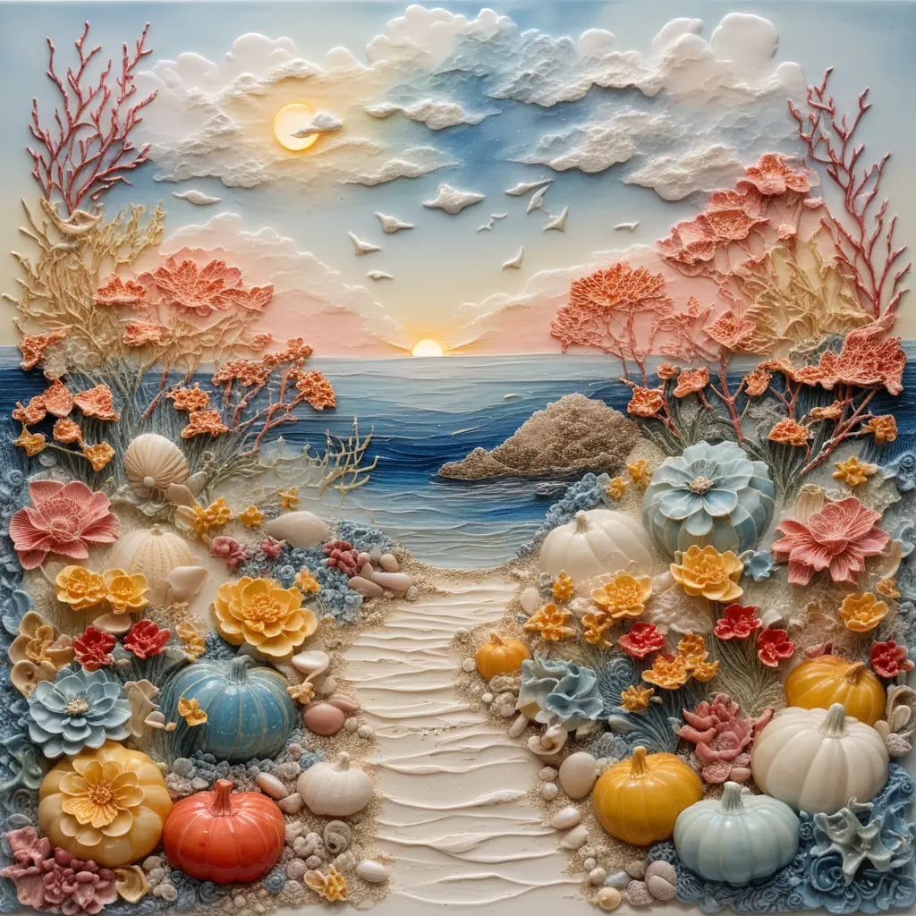 Impressionistic coral landscape painted on delicate porcelain