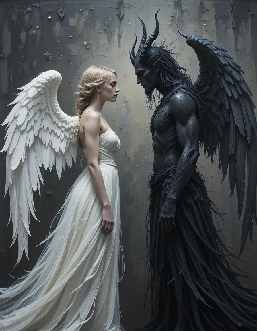 Angel and demon face each other in dramatic oil painting