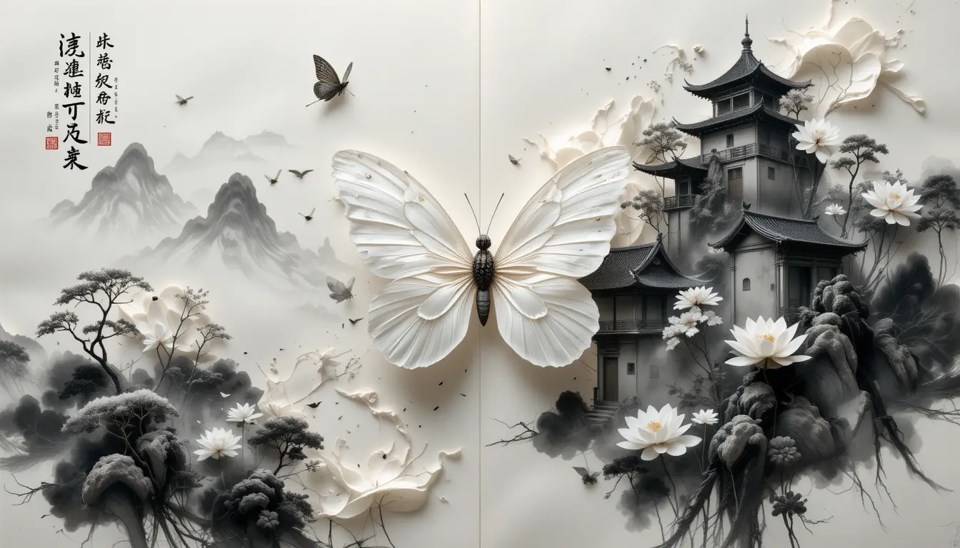 Lotus And Butterfly Over Ancient Ink Manuscript Artwork