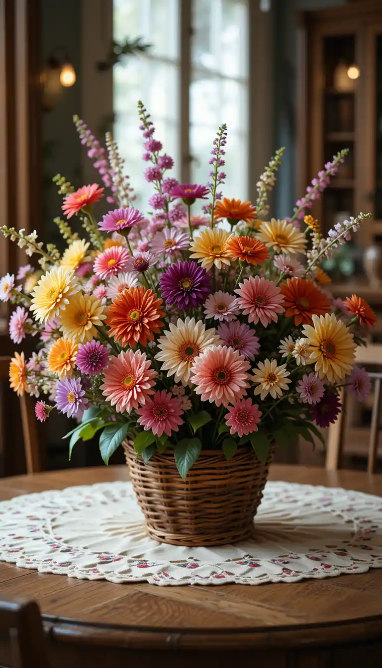 Colorful flower arrangement on dining table in cozy room