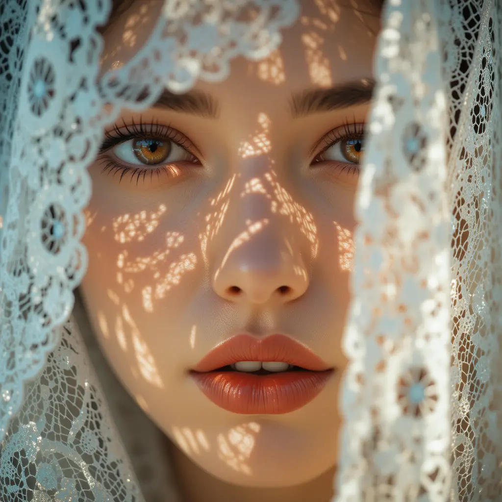 Woman portrait with lace shadows and golden brown eyes