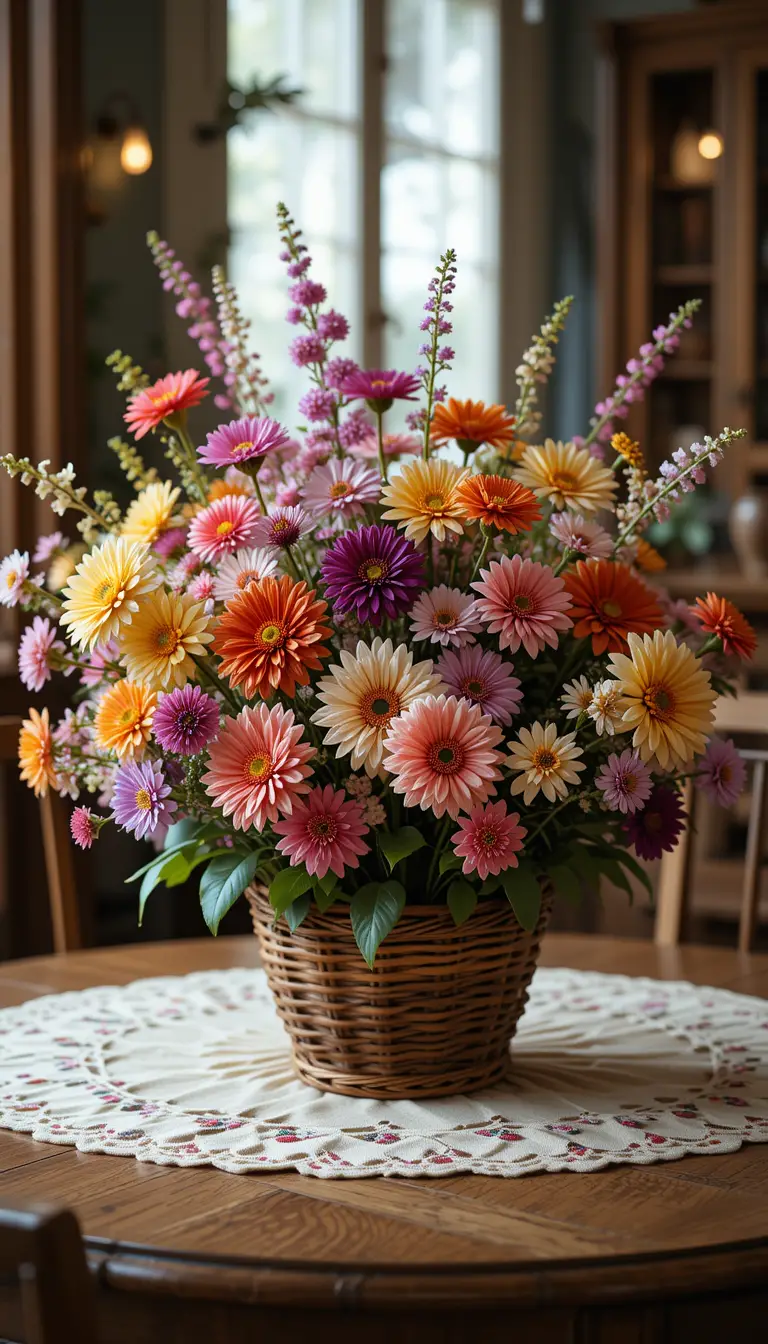 Colorful flower arrangement on dining table in cozy room