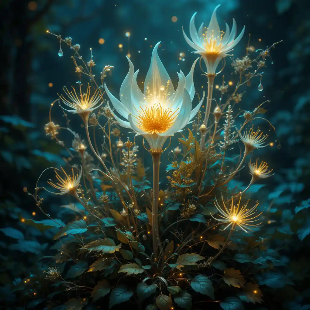 Magical glowing fantasy plants in a dark forest