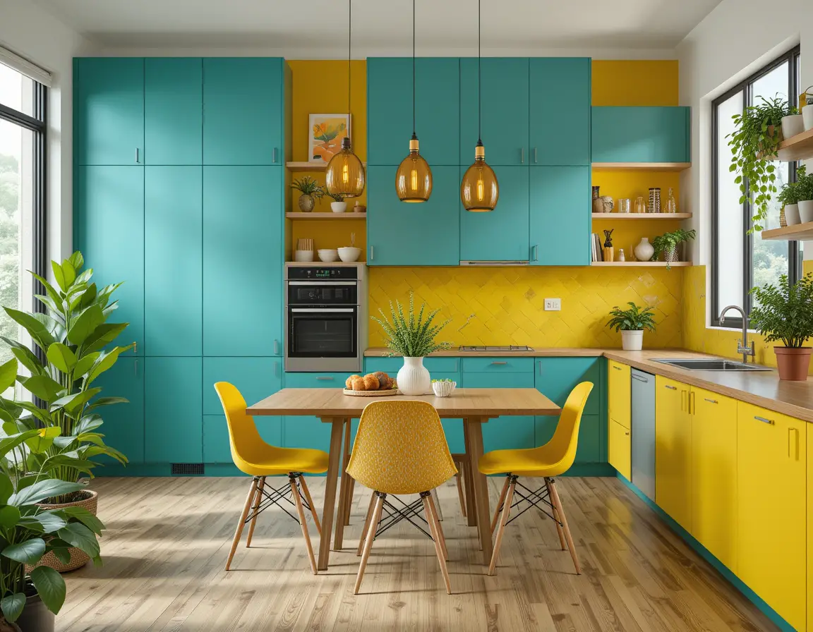 Bold teal and yellow mid century modern kitchen interior