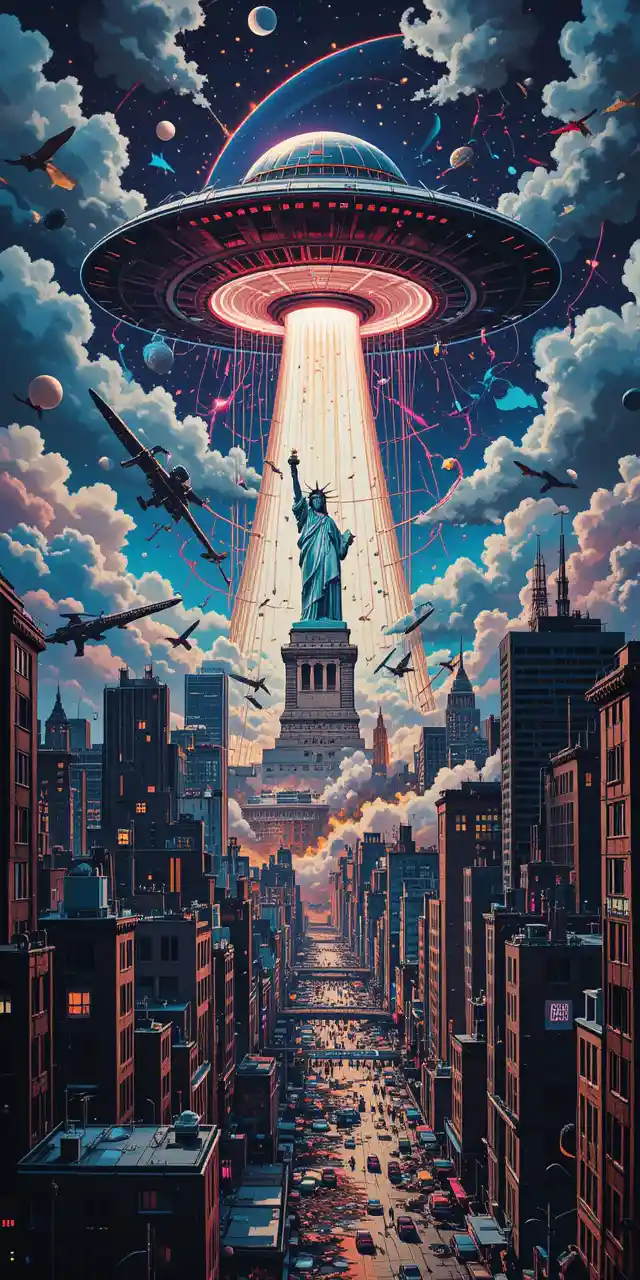 Caos psicodélico de OVNIs sobre o horizonte de Nova York