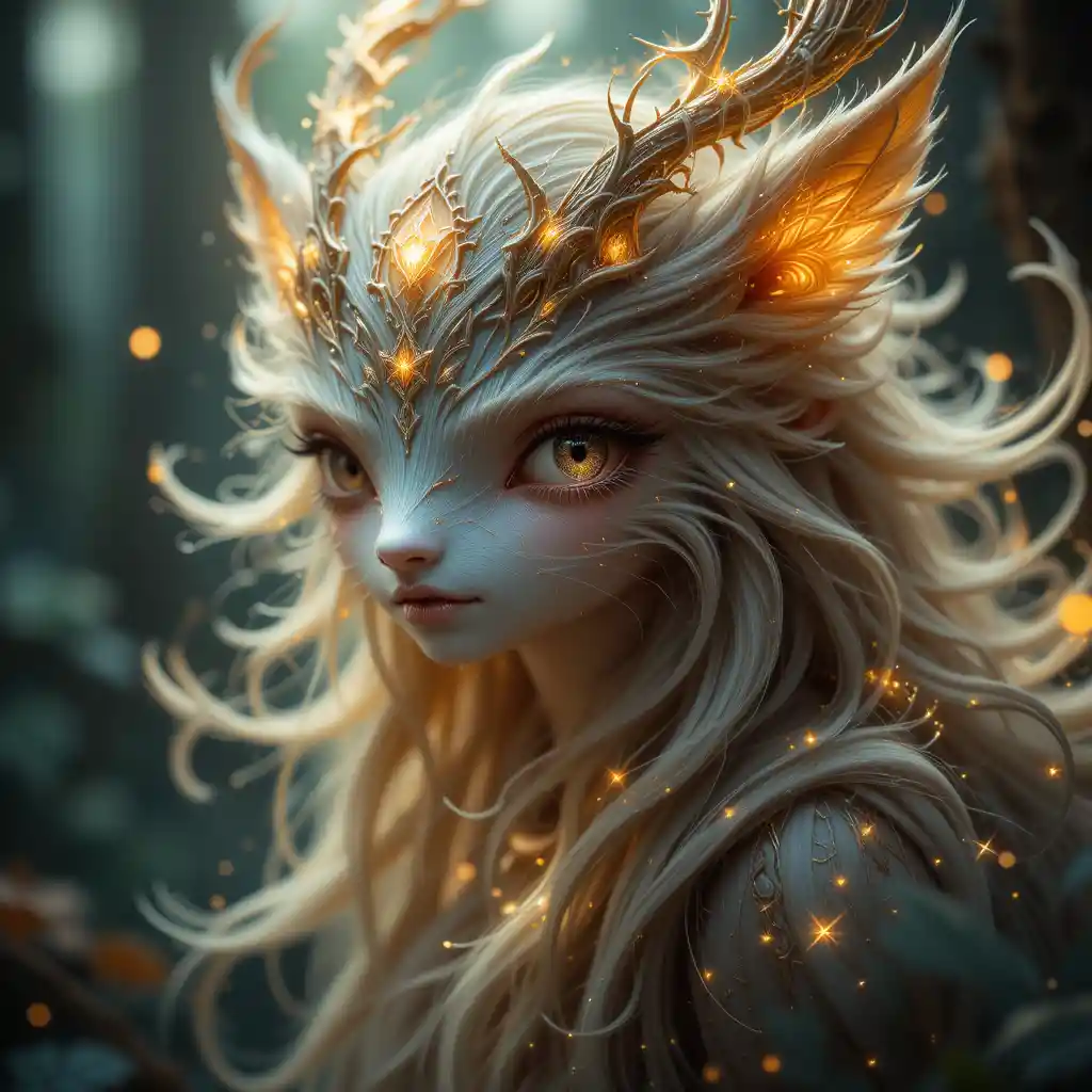 Mystical forest creature portrait with glowing wisps