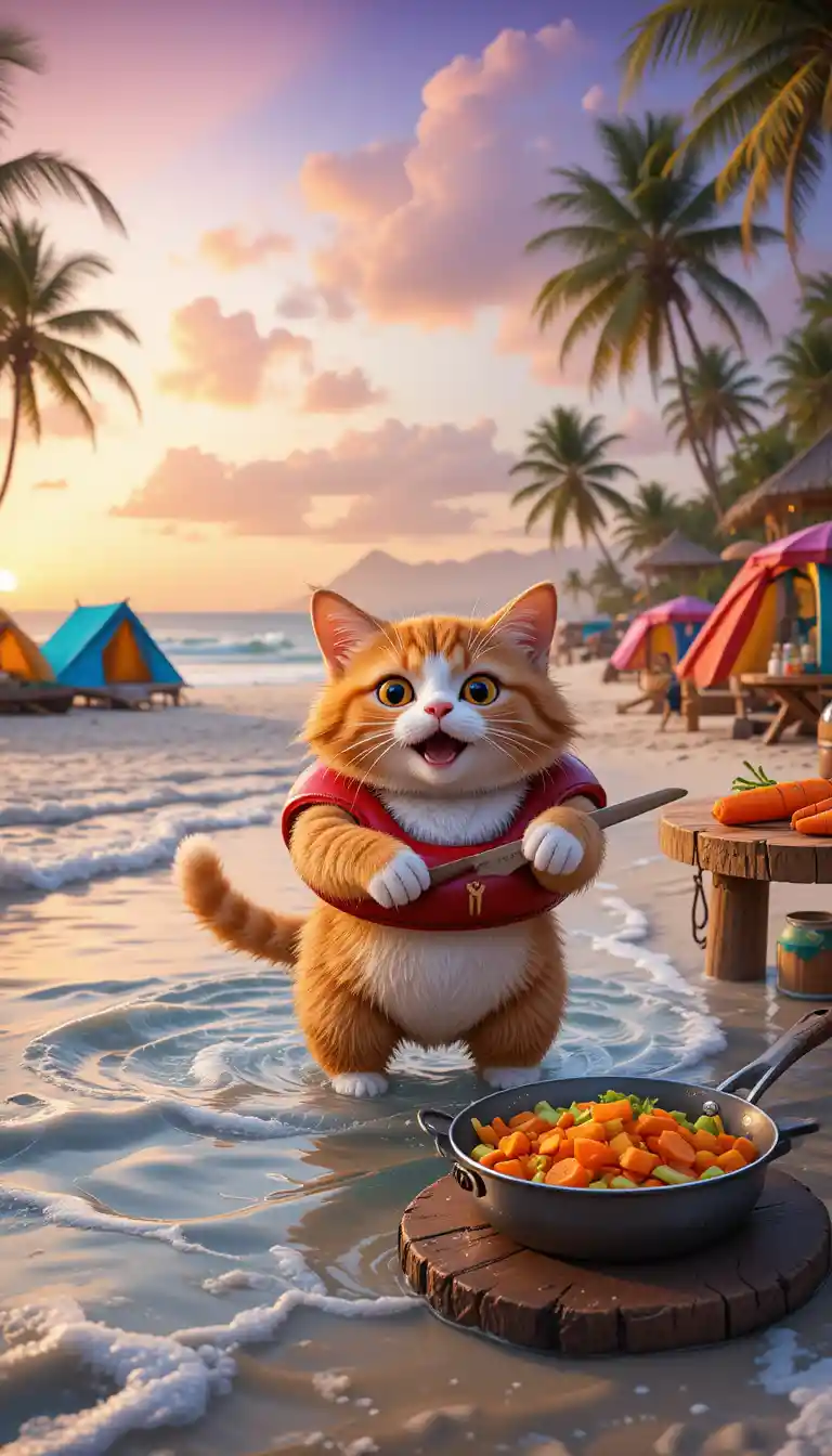 Cute orange tabby cat swimming in the sunset sea