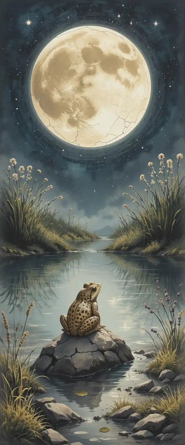 Spotted toad on rock by moonlit still night pond