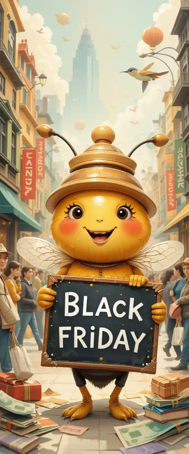 Cheerful cartoon honeybee with black friday sign in city