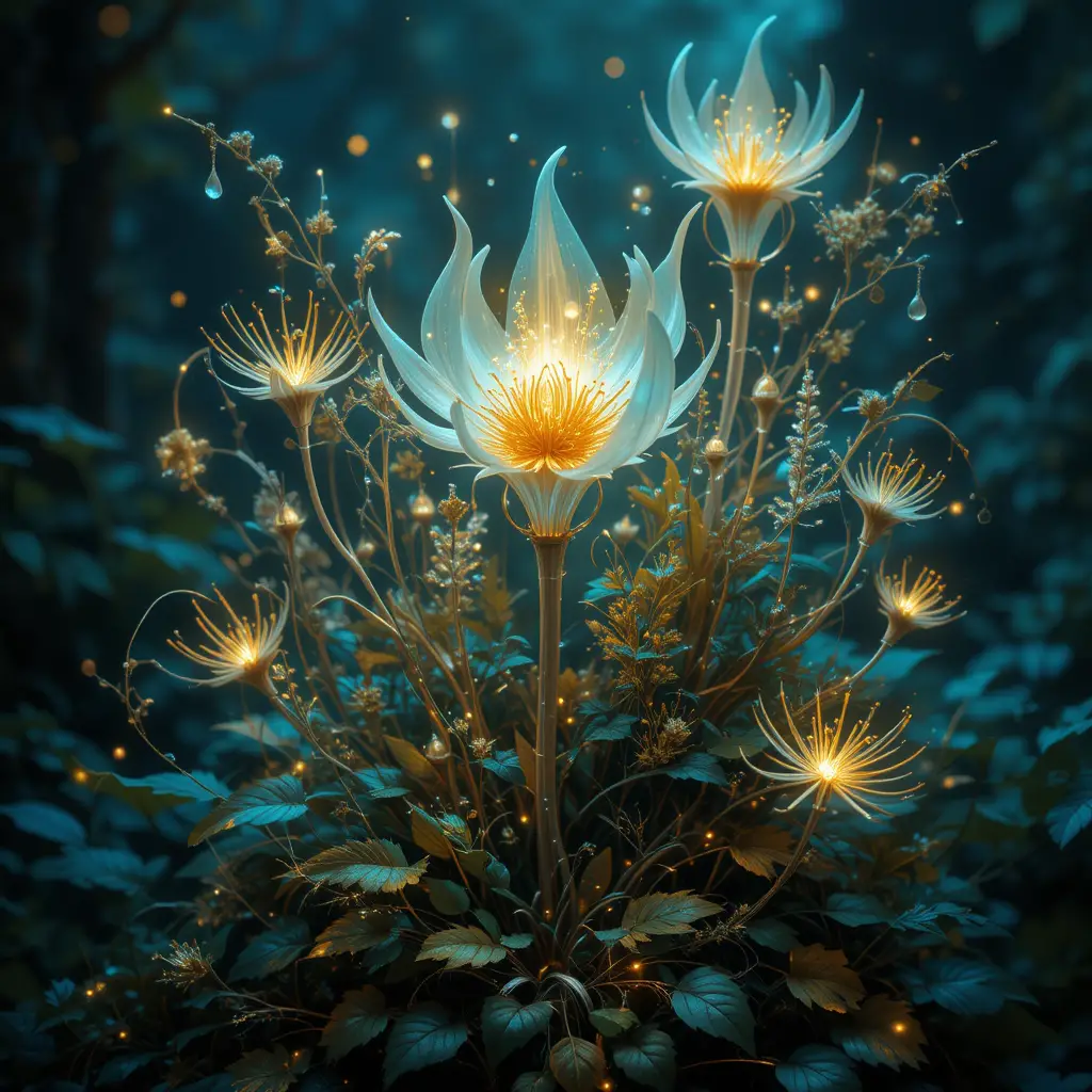 Magical glowing fantasy plants in a dark forest