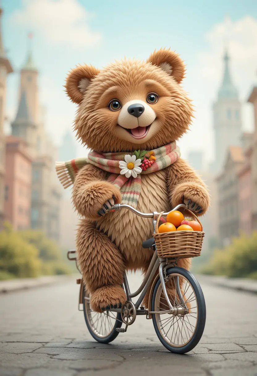 Fluffy Bear Riding A Tiny Bicycle In Pastel City