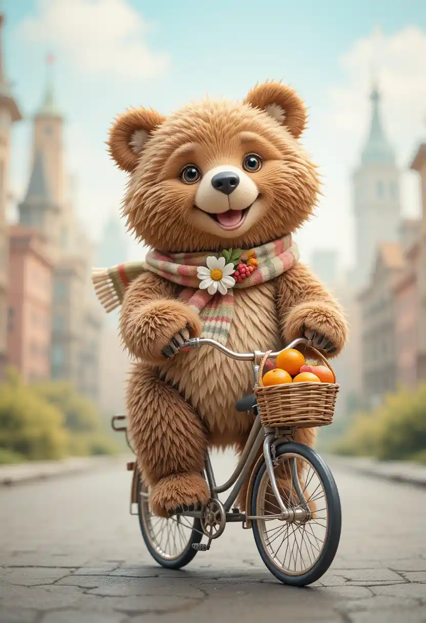 Fluffy Bear Riding A Tiny Bicycle In Pastel City