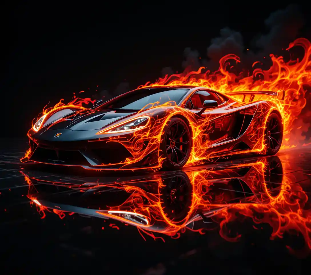 Modern sports car with dynamic flames on black background