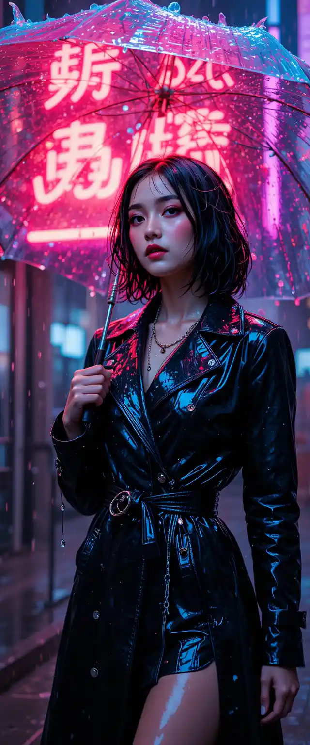 Woman in leather trench under neon rain at night