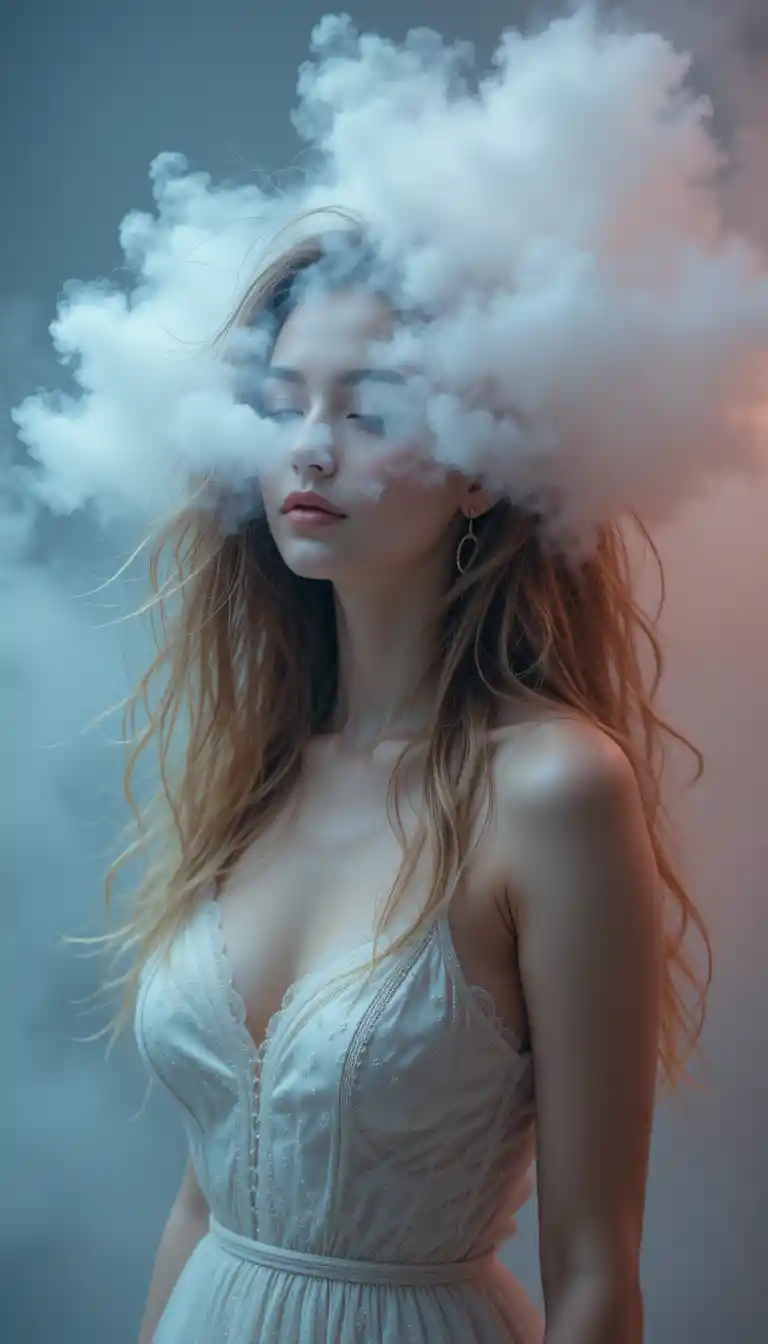 Ethereal woman of clouds in soft pastel colors